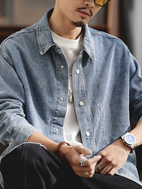 

Мужская джинсовая куртка свободного кроя с длинным рукавом, повседневная, весна-осень, новый стиль, с эффектом потертости, универсальная, молодежная, популярная, дышащая