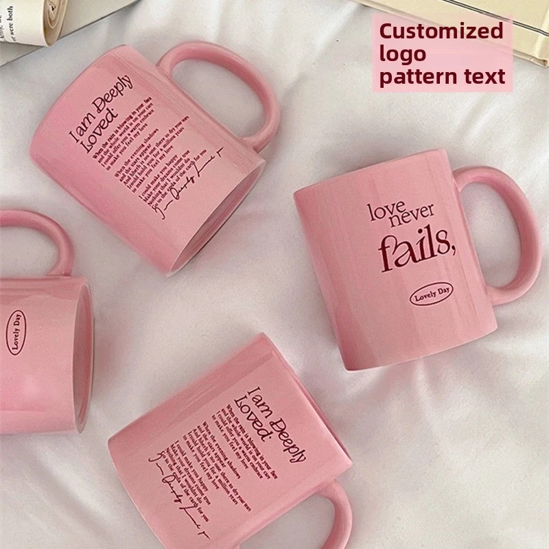 

Pink mug for breakfast milk and coffee, wedding gift, ceramic water cup with printed design