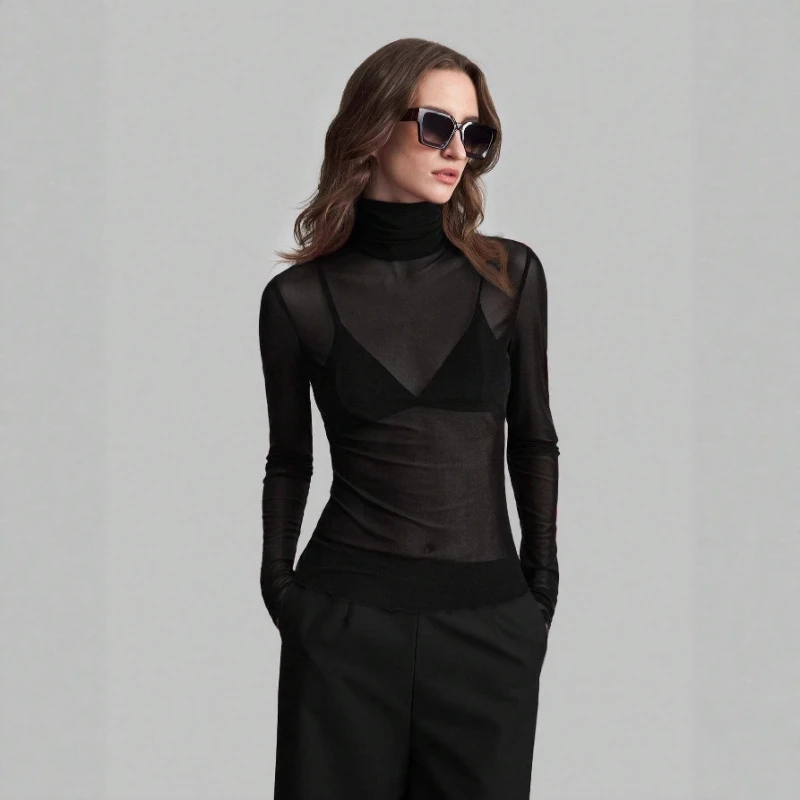 

Autumn and winter new women's clothing stand-up collar solid color mesh slim-fitting long-sleeved slim temperament commuter top