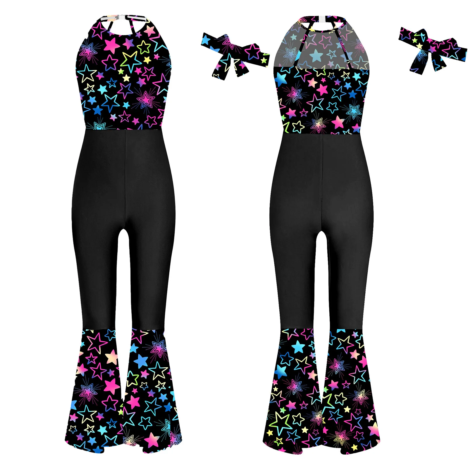 

Kids Girls 70s Retro Hippie Disco Jumpsuit Halloween Carnival Cosplay Theme Party Roleplay Costume Jazz Dance Bell Bottom Pants