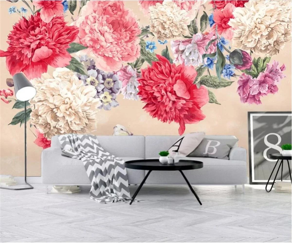 Custom size wallpaper Nordic vintage hand-painted Peony bedroom background wall TV 3d wallpaper decorative painting murals