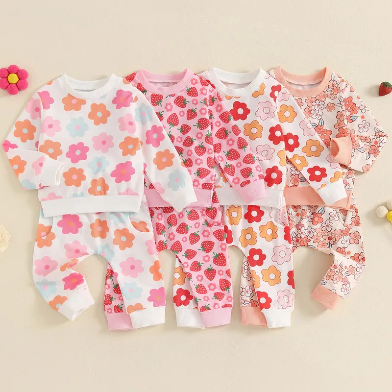 Toddler Girl Pants Sets Fall Clothes Floral Print Crew Neck Long Sleeve Sweatshirts and Long Pants 2Pcs Set Baby Clothing