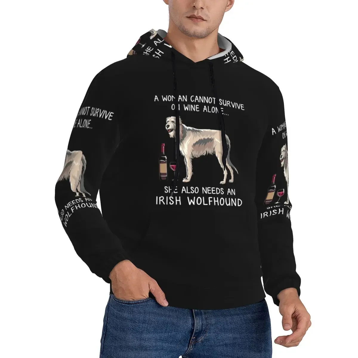 Irish Wolfhound And Wine Funny Dog Hoodie Harajuku Pullover Autumn Winter Men Women Sweatshirts Long Sleeve Tops