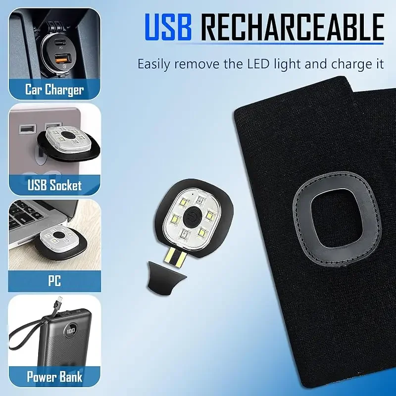 قبعة صغيرة LED مع قبعة شتوية دافئة خفيفة للجنسين، كشافات أمامية قابلة لإعادة الشحن عبر USB، قبعة شتوية محبوكة مضاءة ليلاً، مصباح يدوي #5