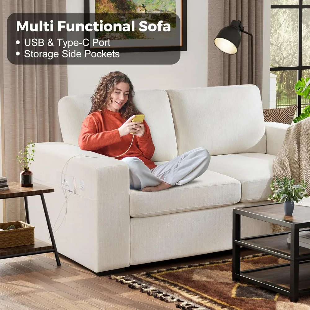 70" Sofa Couch for Living Room, Deep Seat Sofa with USB/Type-C Port, Side Pockets, Removable Cover, Comfy 2-Seats Loveseat