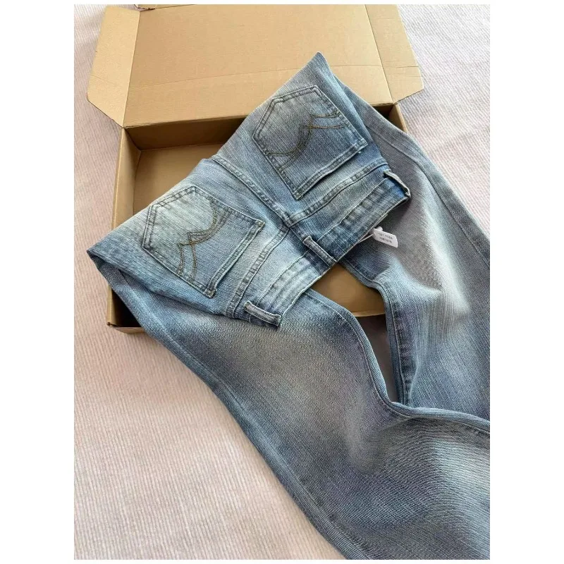 Light Blue Washed Embroidered Micro-horn Jeans Women's Summer New Spice Girl Low-rise Elastic Narrow Version Horn Pants