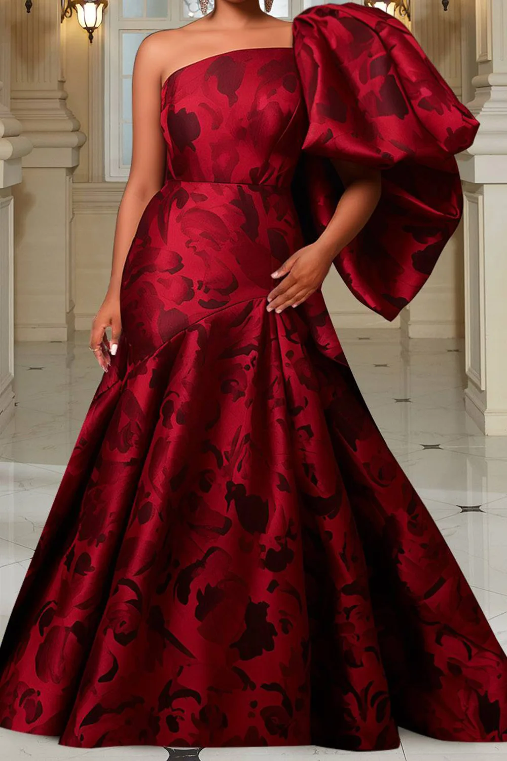 Plus Size Evening Gowns Burgundy All Over Print One Shoulder Maxi Dresses Women 2025