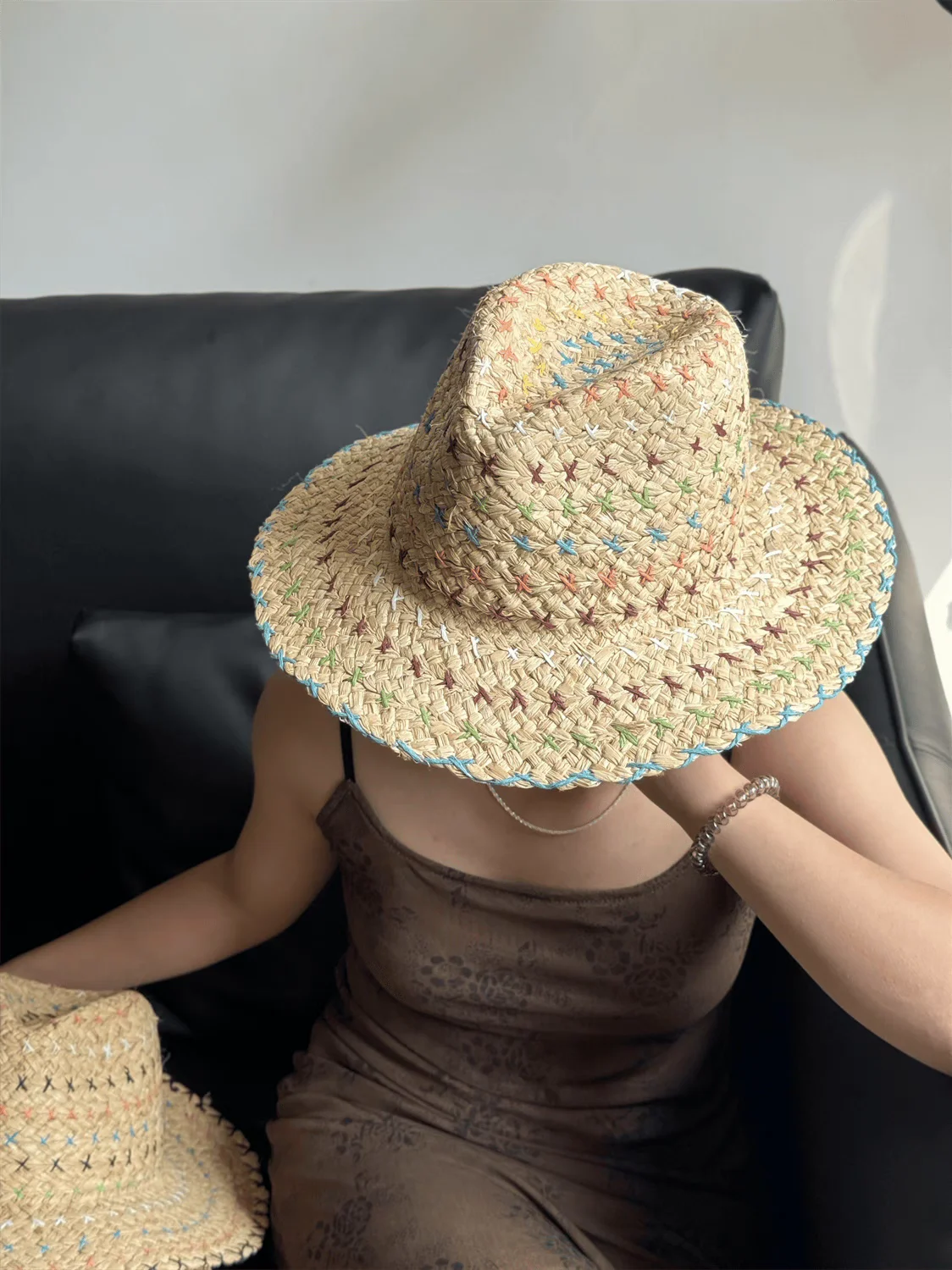 Raffia straw hat for women Bohemian colorful stitched straw hat ladies sun hat beach summer vacation panama hat панама כובע קש