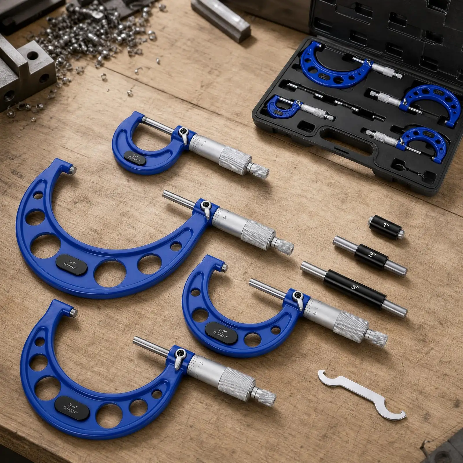 0.0001 Inch Resolution Micrometer Measuring Tools 4 Piece Set with Calibration Standards and Case