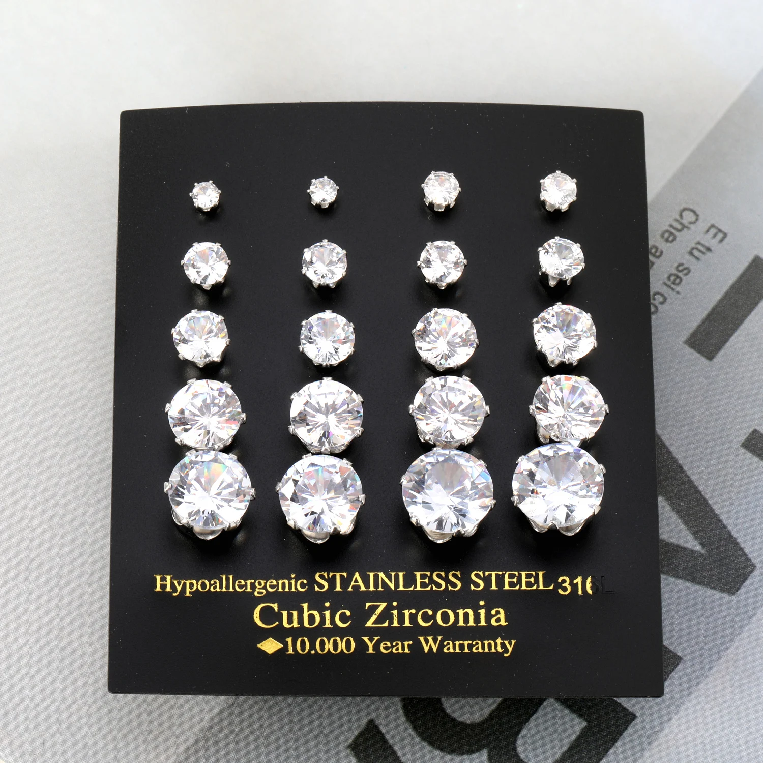 ASONSTEEL 10Pairs/Lot 3mm-10mm Round Zirconia Stud Earrings Stainless Steel Shiny Crystal Earring For Women Wholesale Jewelry