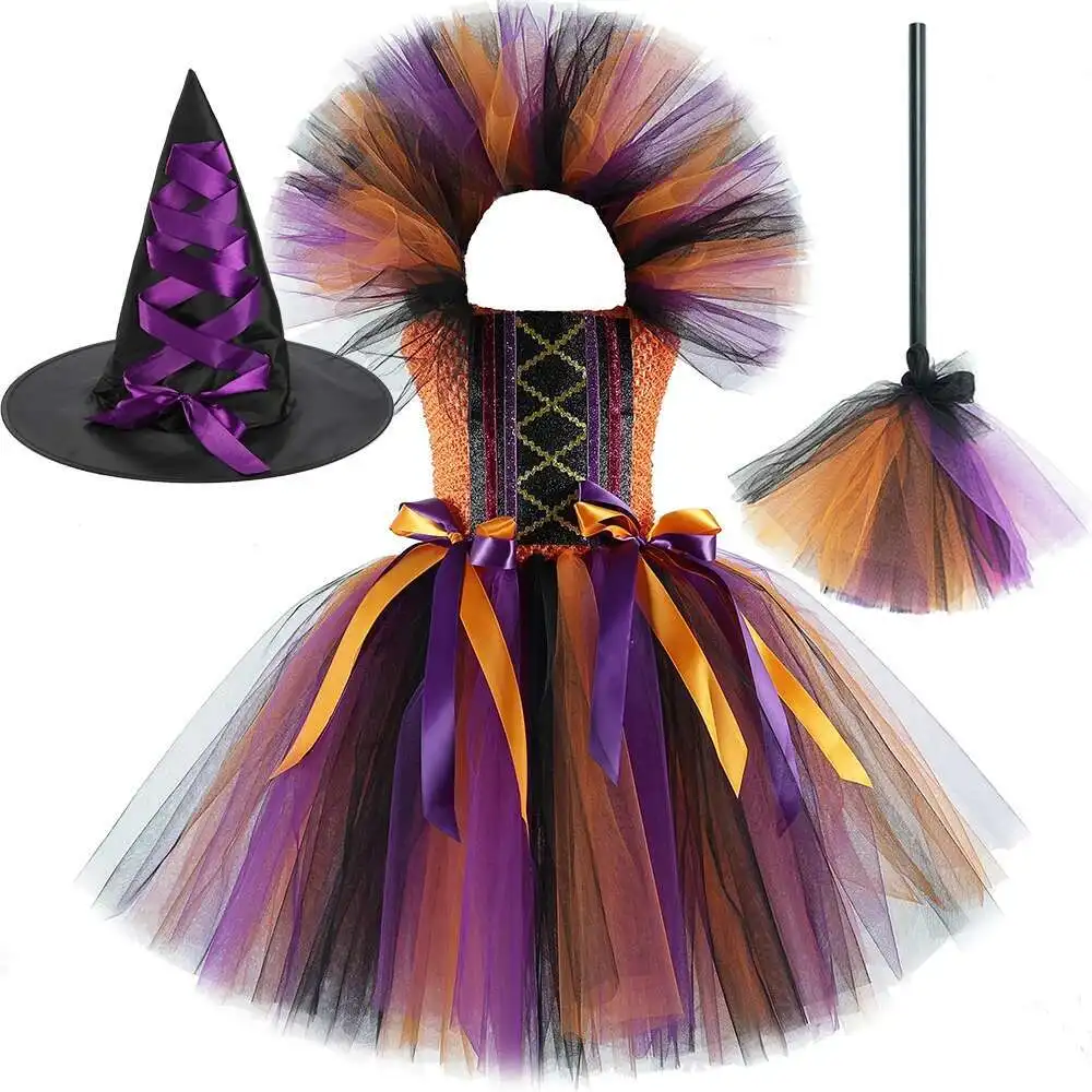 Kids Halloween Witch Costumes for Girls Carnival Party Fancy Dress Children Witches Disguise Tutu Outfit Clothes with Broom Hat