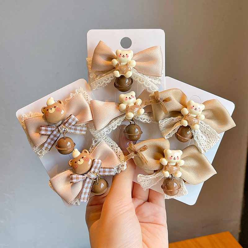 2Pcs/Set New Children Classic Bear Brown Bowknot Ornament Hair Clips Baby Girls Cartoon Barrettes Hairpins Kids Hair Accessories