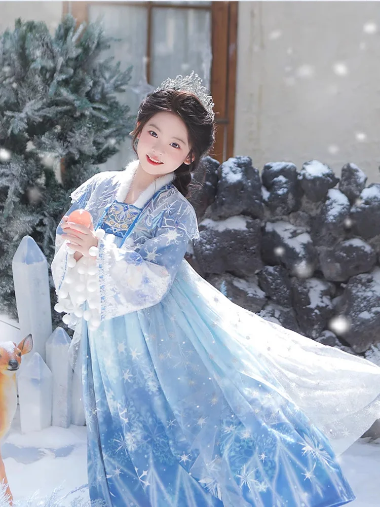 فستان مبطن شتوي دافئ للفتيات جديد لعام 2025 مع عباءة للأطفال الجنية القديمة أداء زي الأطفال بدلة تانغ ملابس السنة الجديدة