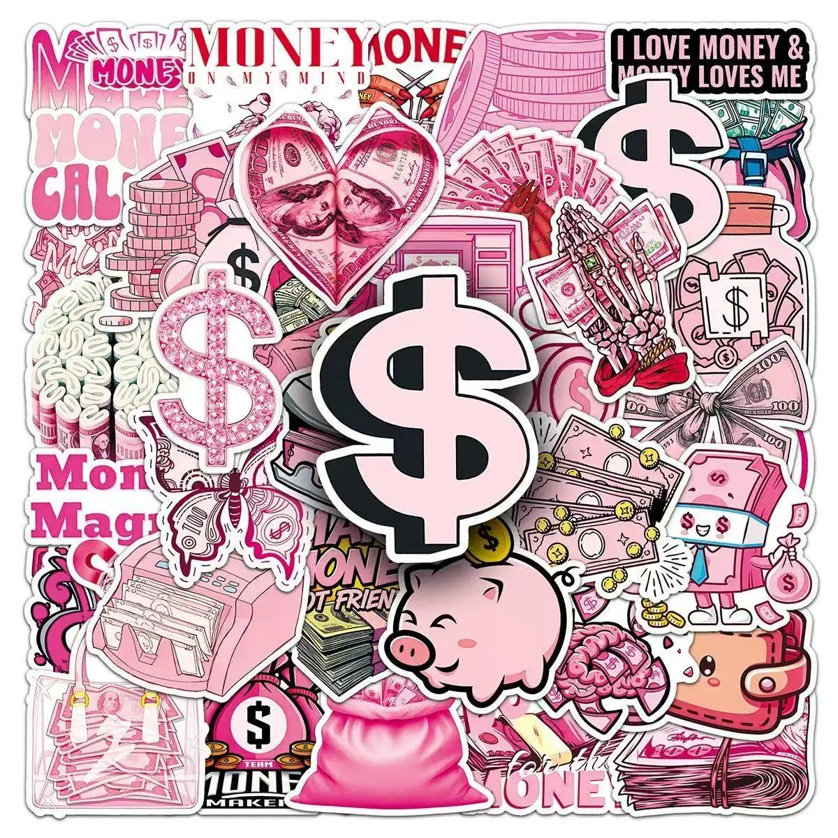 50Pcs Cute Pink Dollar Coin Cartoon Stickers Trendy Creative Decorative Decals Perfect for Helmet Luggage Travel Accessories view 2