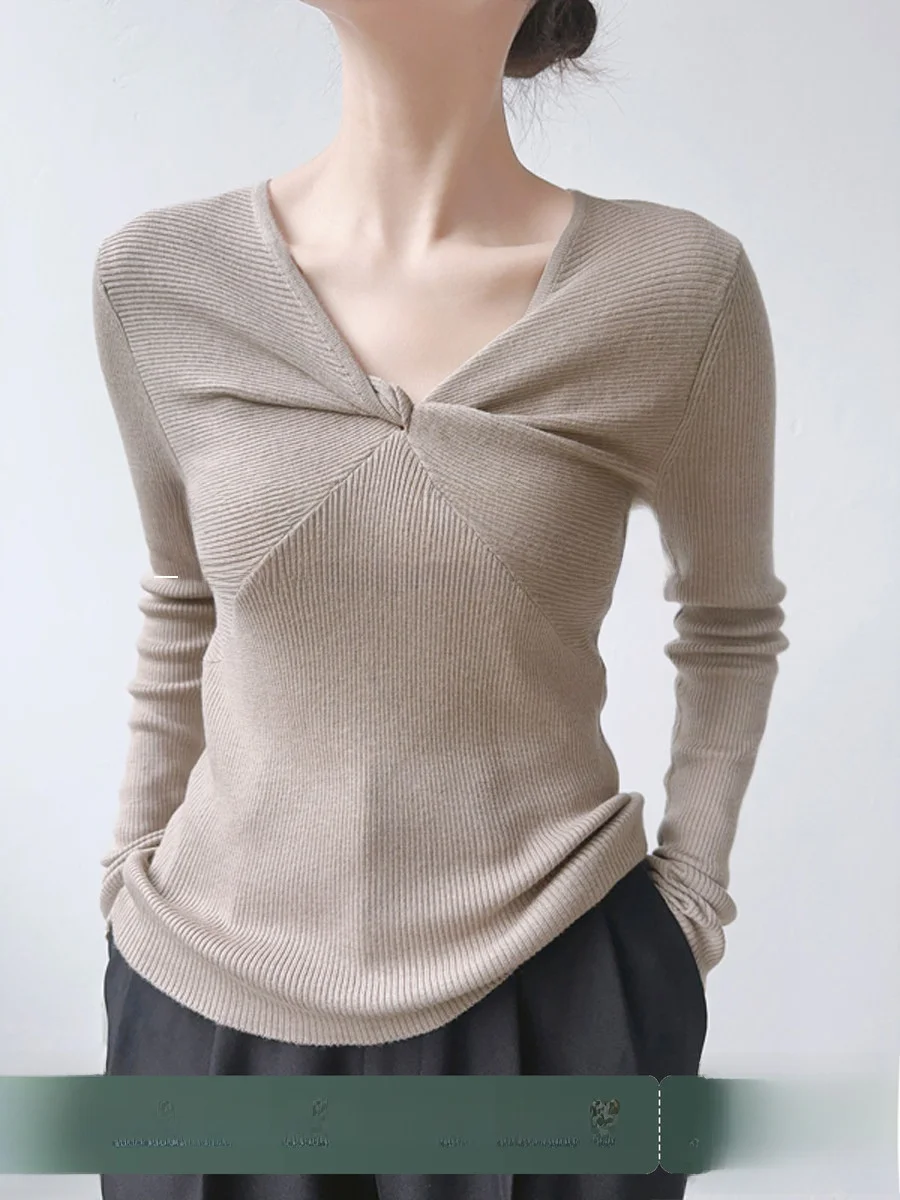 

Облегающий вязаный свитер с V-образным вырезом и перекрестным узором, женская базовая кофта для весны и осени, простой стиль для повседневной носки, с длинным рукавом