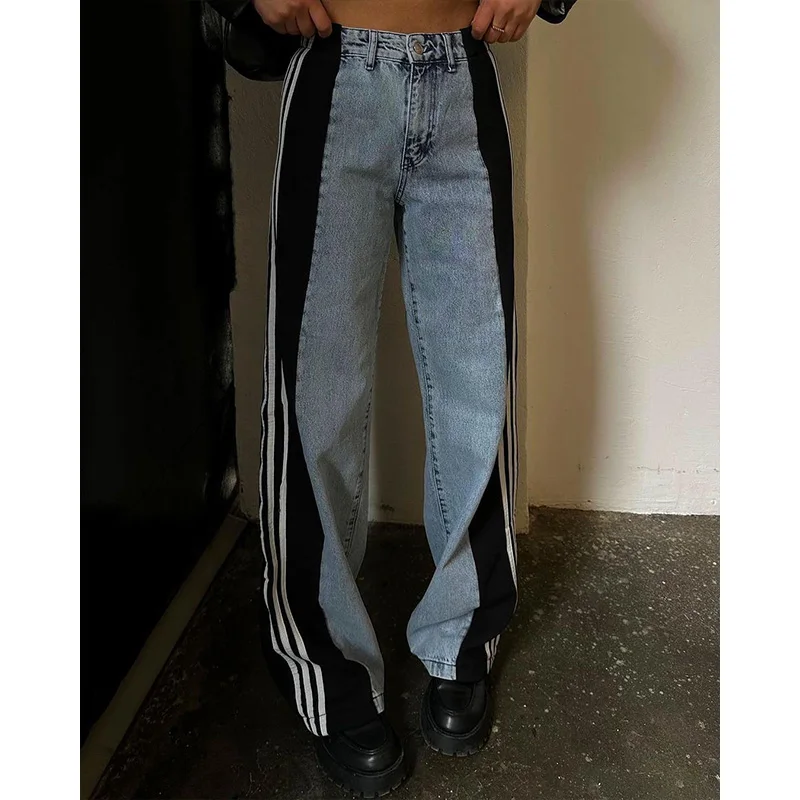 2024 Summer Fashion Splicing Three Stripe Wide Leg Denim Pants Women's New Casual High Waist Elastic Straight Leg jeans