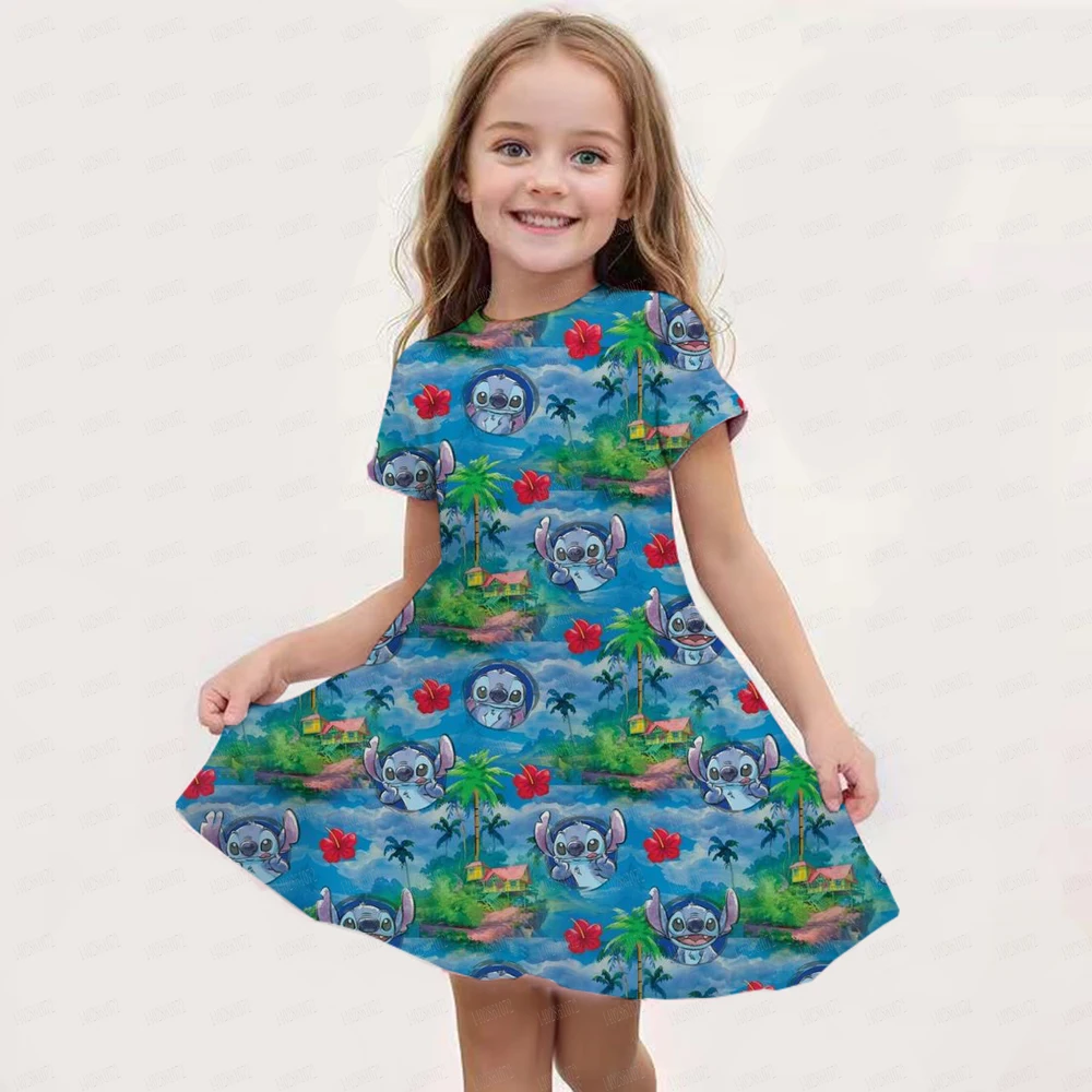 Summer New Children's Clothing 3d Printed Romantic Stitch Cute Girl Short-Sleeved Dress 3-14 Years Old Kids Performance Clothing