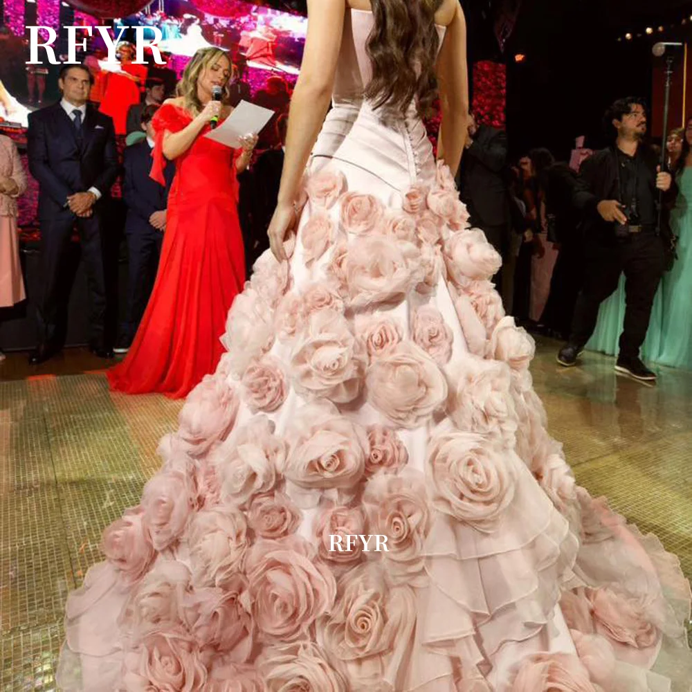 RFYR Pink A Line Prom Dress with 3D Flowers Evening Dress with Buttons Sweetheart Celebrity Gala Gowns for Princess Customized