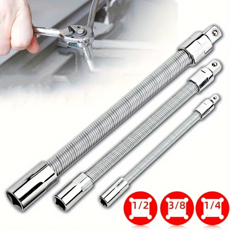 3PCS Supreme Flex Socket Wrench Set - Durable Metal 1/4, 3/8, 1/2 Drive Bendable Extension Rods for Seamless Repairs