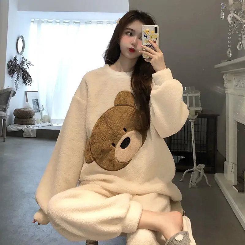 Women Autumn Winter Two Pieces Sets Warm Flannel Homewear Thickened Trousers Long-sleeved Pajama Coral O-neck Loose Cute Cartoon