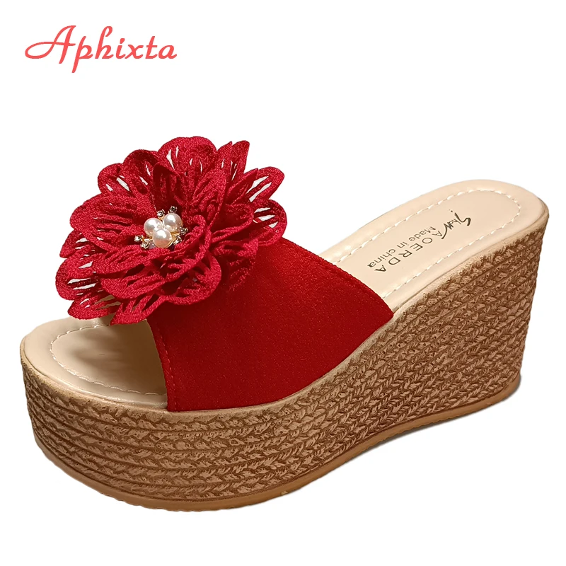 Aphixta luksusowe perły kryształy aplikacje buty kobieta klapki klapki 9cm Wedge Heel platforma kobieta plaża slajdy duży rozmiar 43