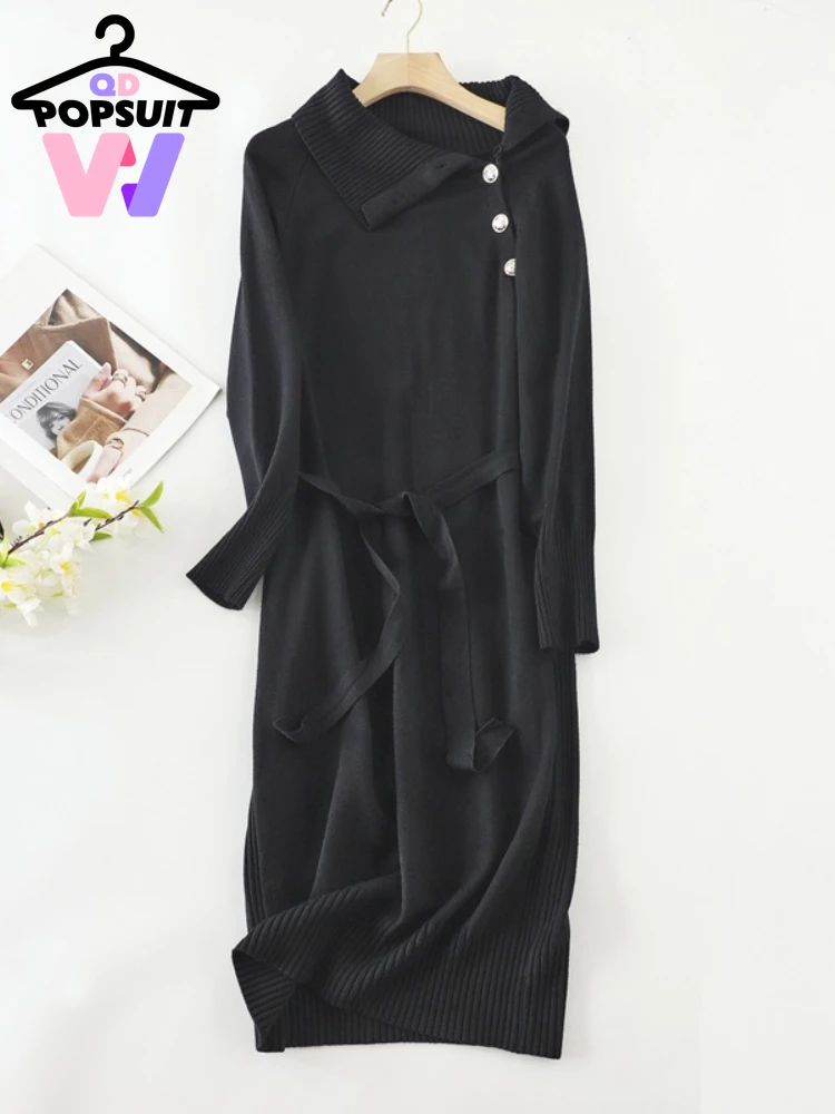 New in Autumn Winter Women Knitted Dress Knee Length Half Open Collar Dress Elegant Commuting Lazy Women\'s Clothing Robe Dresses