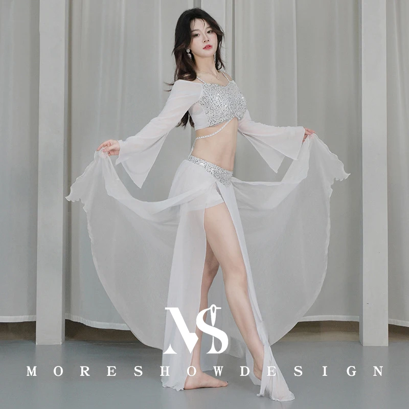 مجموعة أزياء الرقص الشرقي مكونة من قطعتين للنساء + تنورة شبكية صيفية لممارسة ملابس الرقص وملابس الأداء