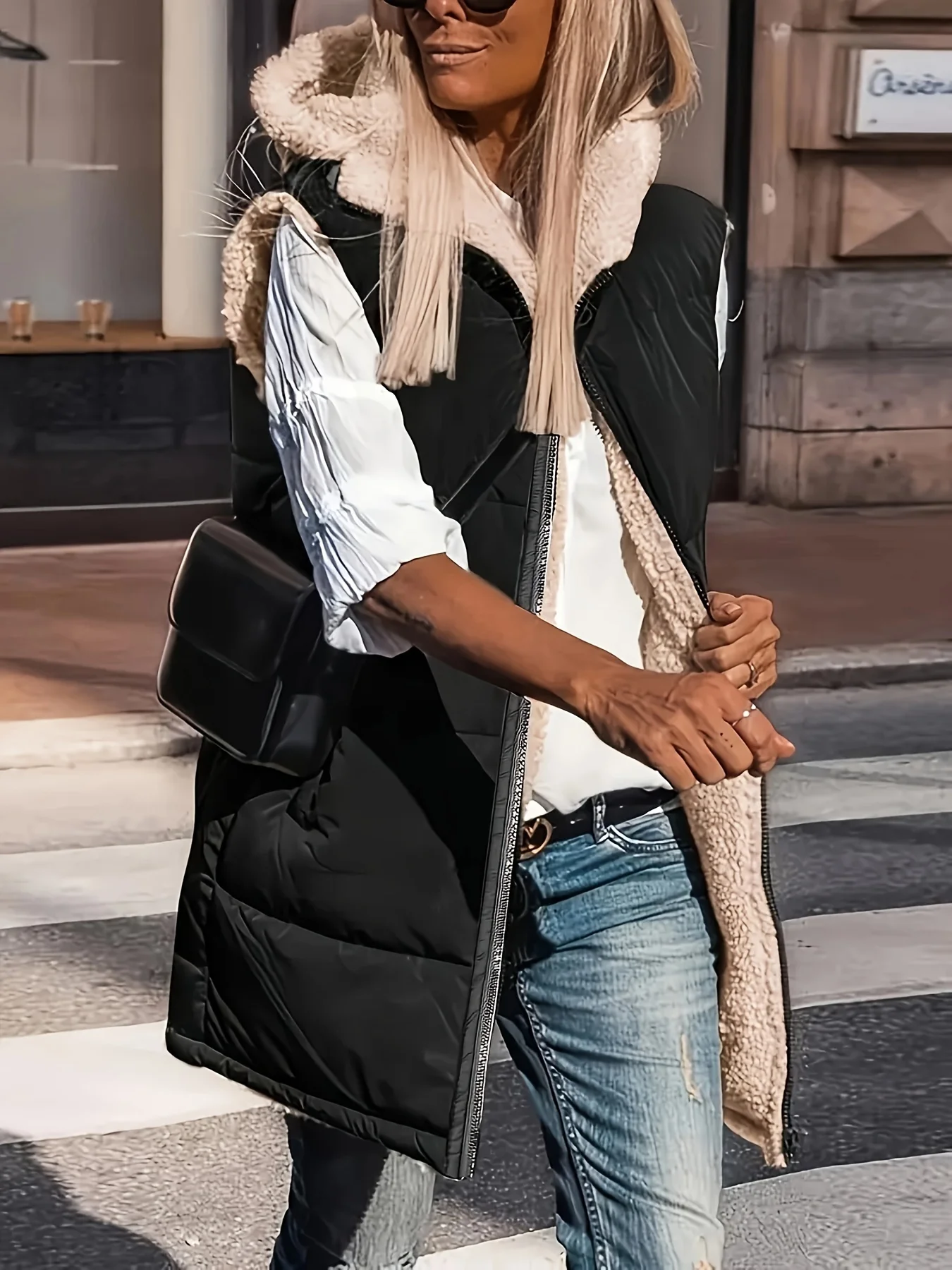 Women's Warm Reversible Hooded Puffer Vest Fleece Lined Sleeveless Zip Up Winter Gilet