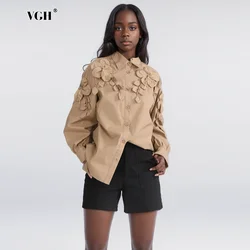 VGH Minimalist Folds Blouses For Women Lapel Long Sleeve Spliced Appliques Casual Loose Solid Short Shirts Female Fashion New