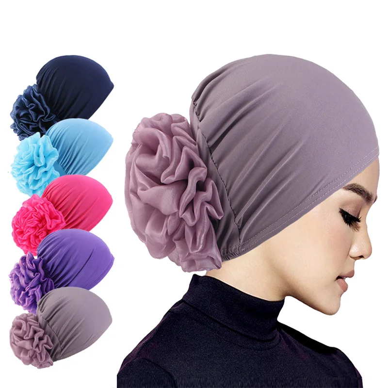 Women Elastic Turban Cap Flower Headscarf Muslim Hijab Undercap Bonnet Hair Loss Cover Chemo Cap Islamic Head Wrap Beanie