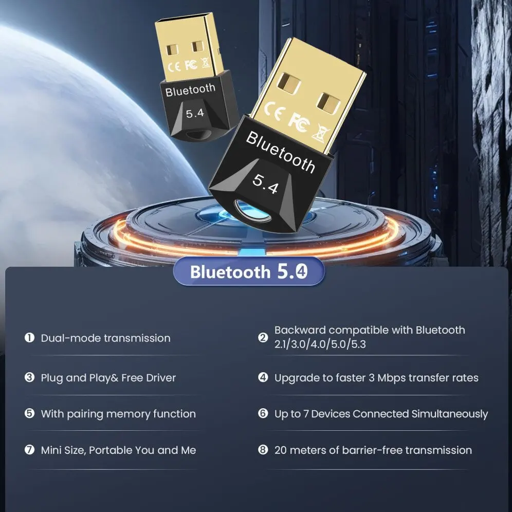 USB Bluetooth 5.4 อะแดปเตอร์ Dongle สําหรับแล็ปท็อปพีซี - BT 5.4 อะแดปเตอร์ USB ตัวรับสัญญาณไร้สายเครื่องส่งสัญญาณสําหรับเมาส์คีย์บอร์ดหูฟัง