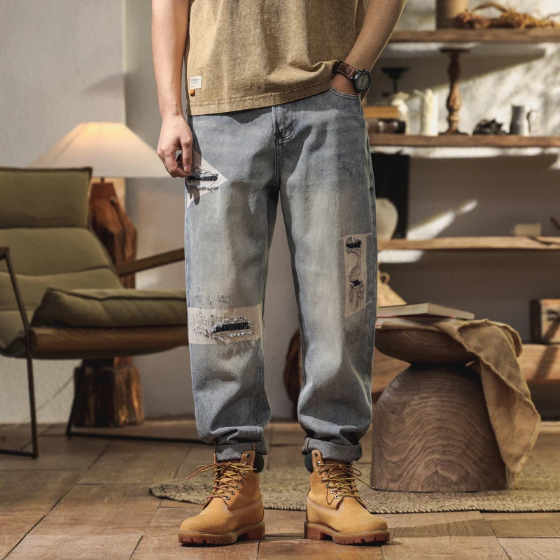 

BYCL 902 American ragged hole men's jeans heavy craft washed and old hanging abrasion abrasion fashion trend