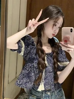 Novel National Attractive Tunic Women French Summer Neck Patchwork Frill Cropped Sleeve Young Look - Image 6