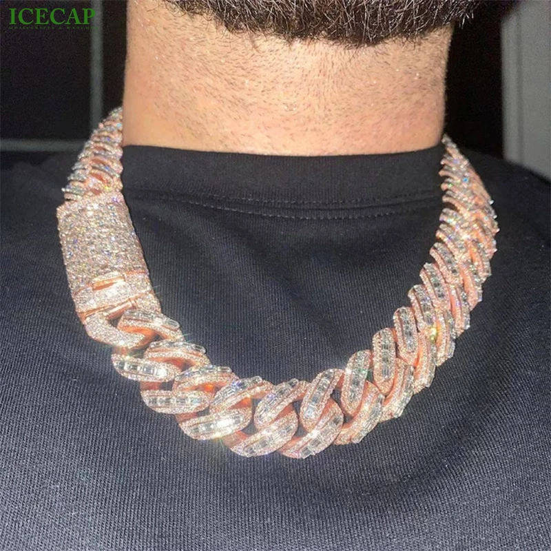 Fashion Hip Hop Jewelry Baguette Shape Design Diamond Men Necklace 925 Sterling Silver Vvs Moissanite Cuban Link Chain