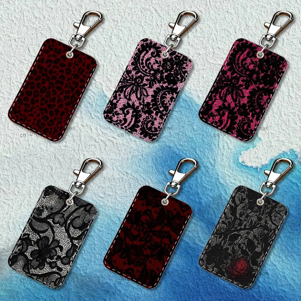 

Black lace print New Hot Rectangle Card Case Leather Card Holder Keychain Key Ring Transportation Card Case