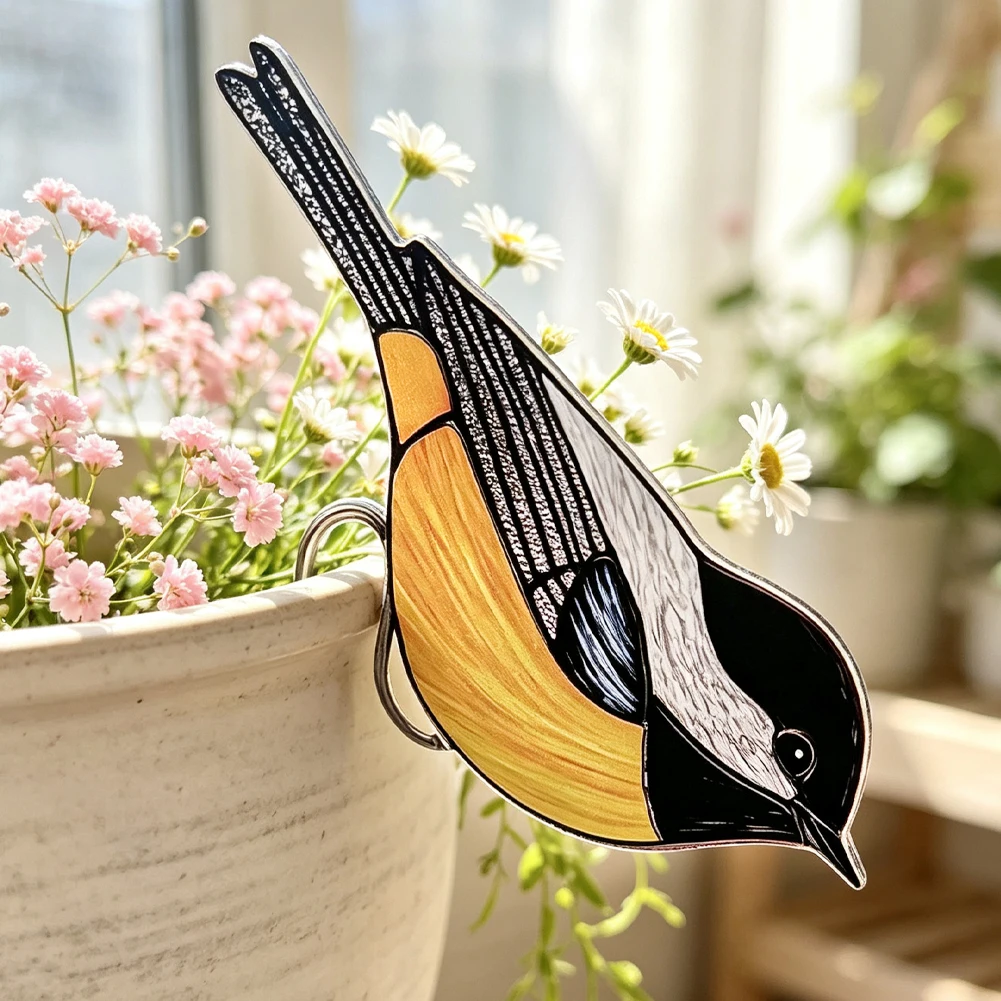 Stained Glass Style Songbird Plant Stake Flower Pot Ornament Planter Insert Bonsai Garden Yard Art Indoor Outdoor Decor Gift