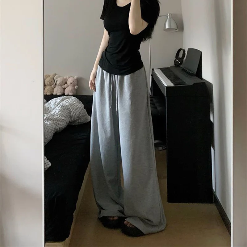 R2024 Harajuku pantalon de survêtement à jambes larges pour femmes taille élastique pantalon de Sport décontracté femme Streetwear gris surdimensionné vêtements de Sport femme