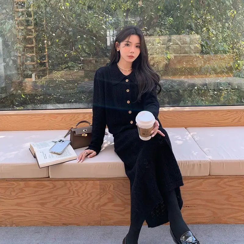 

Новый женский осенний комплект из двух предметов, модный вязаный крючком вязаный кардиган + полуюбка, простой комплект для поездок на работу