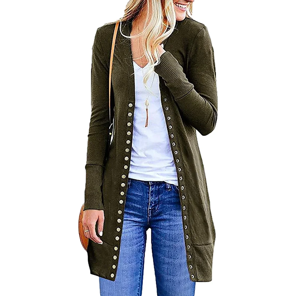 Europäisch-Amerikanischer Strick-Cardigan in Mittellänge mit Seitentasten, Locker Geschnitten, Figurbetont, Lässig, für Pendler, Langarm-Oberbekleidung – Detail 2