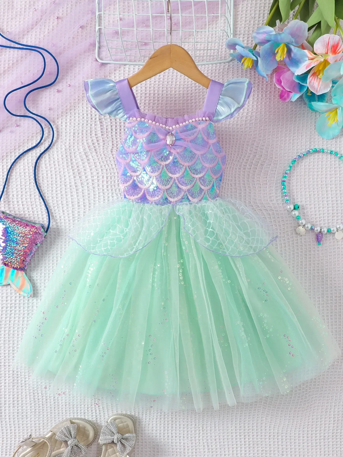 Mädchen Pailletten-Meerjungfrauen-Mesh-Kleid für Halloween, Karneval, Geburtstag, Cosplay, Prinzessinnen-Outfit – Detail 5