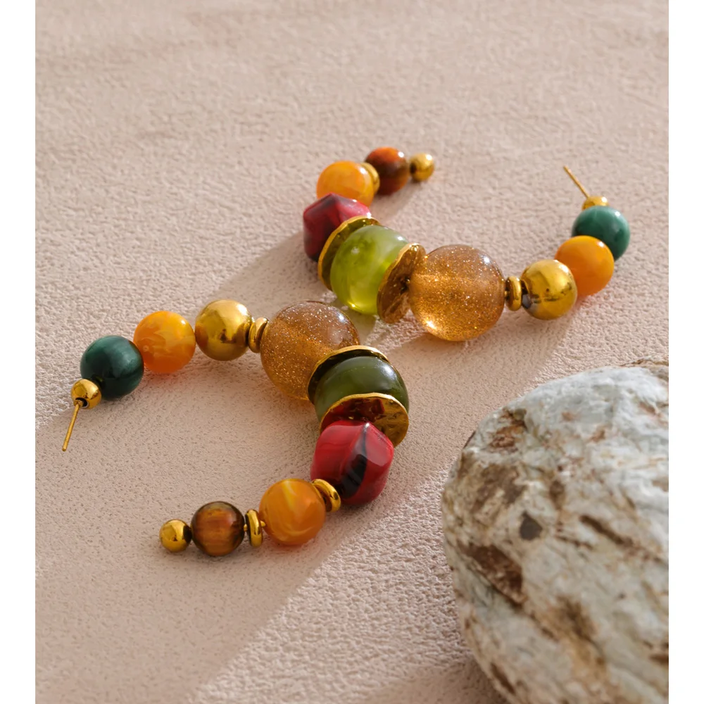 Yhpup French Colorful Acrylic Beads C-Shape Huggie Earrings Tarnish Resistant Stainless Steel Fashion Handmade Charms Jewelry