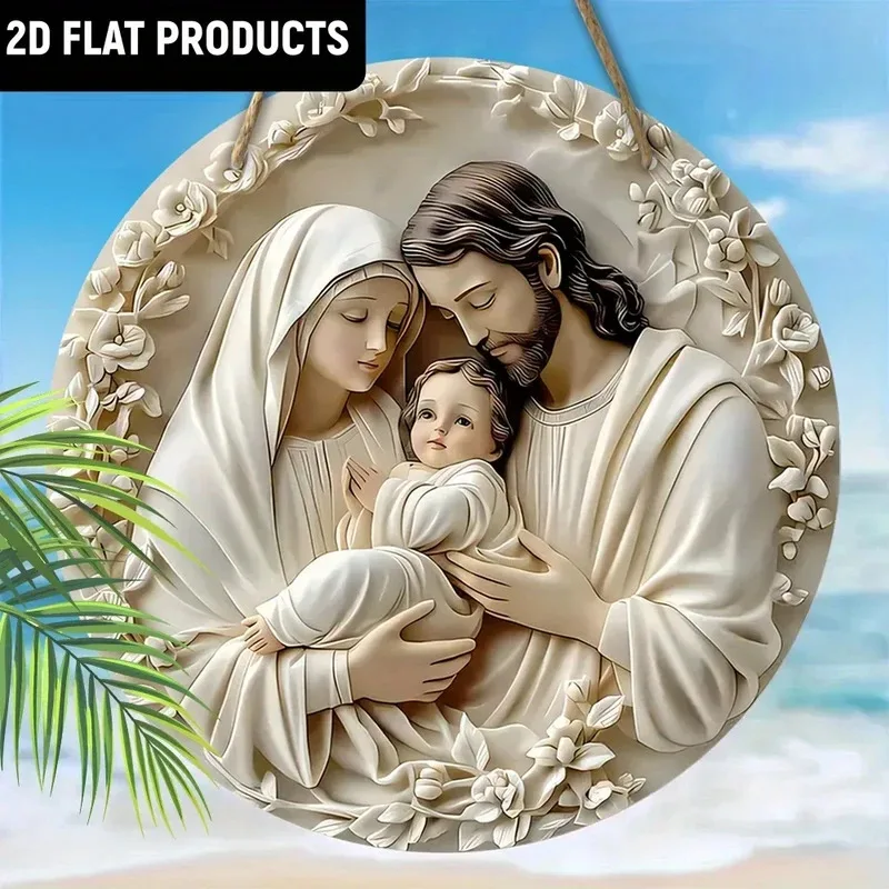 2DWooden Baptism Prayer Theme Round Hanging Decoration 7.9Inch/20cm Wall Door Decoration Suitable for indoor and outdoor courtya image 2