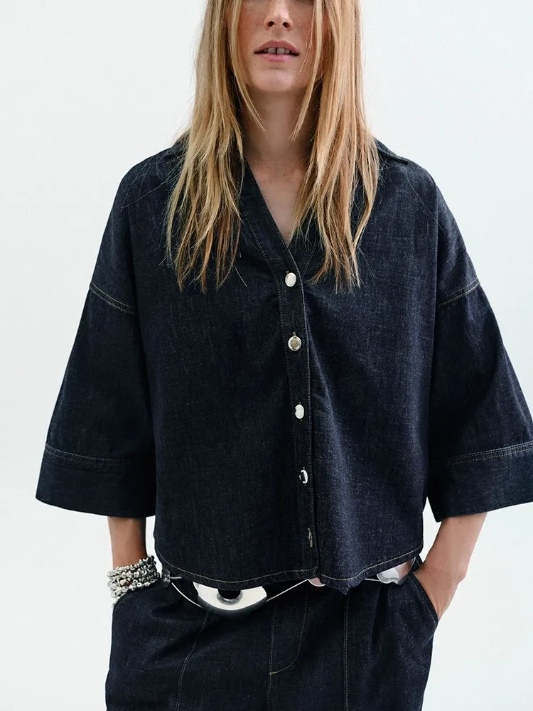 

High Waist Wide Sve Faionable Collar Denim irt Korean Sle Commute Polyester Casual Running Jeans Women's irt