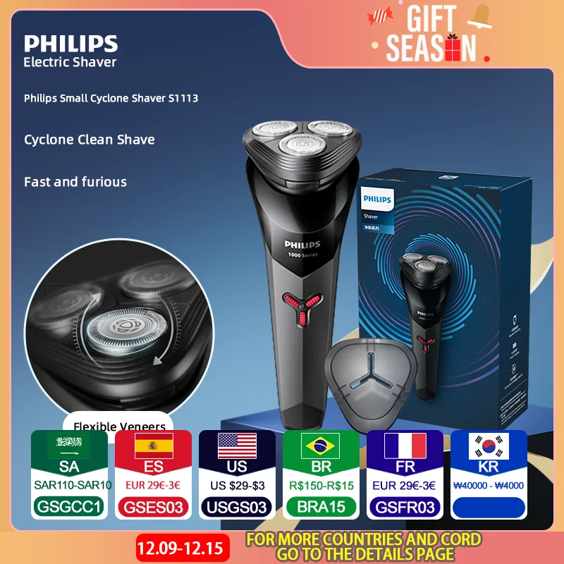 Philips-Rasoir électrique PowerCut S1113 pour homme, acier inoxydable, chargement USB, conception ergonomique, triple tête flottante