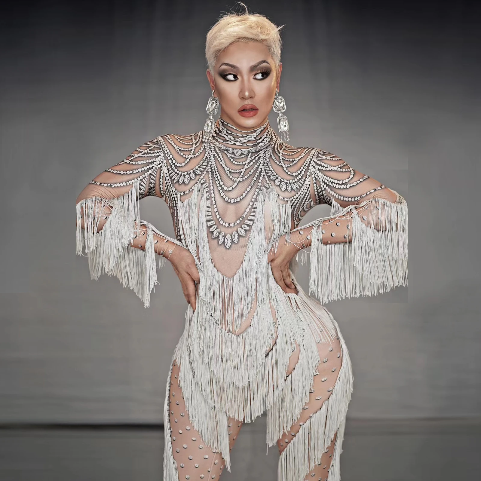 女性のセクシーなロンパースダイヤモンド光沢のあるタッセルストレッチタイトなジャンプスーツパーティーバーナイトクラブ Dj 女性歌手ステージパフォーマンスの服