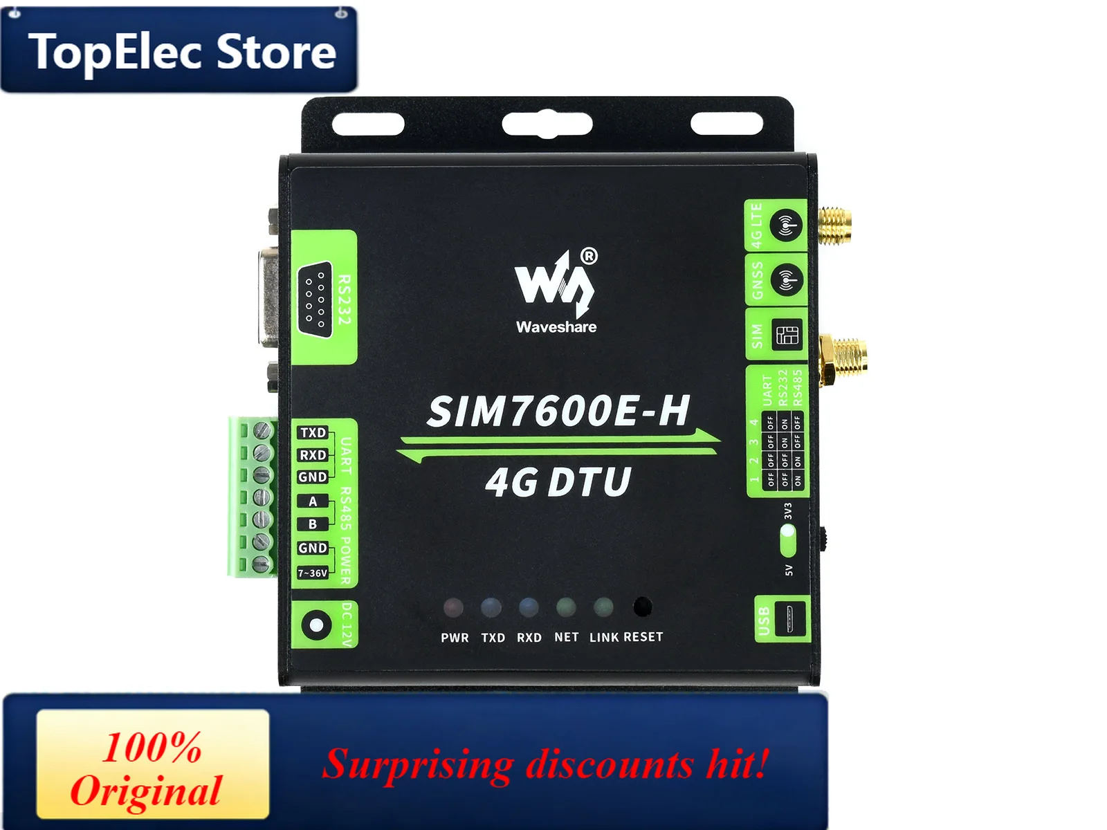 TopElec Waveshare Industrial Grade SIM7600E-H 4G DTU, RS232/485/TTL to 4G LTE, GNSS