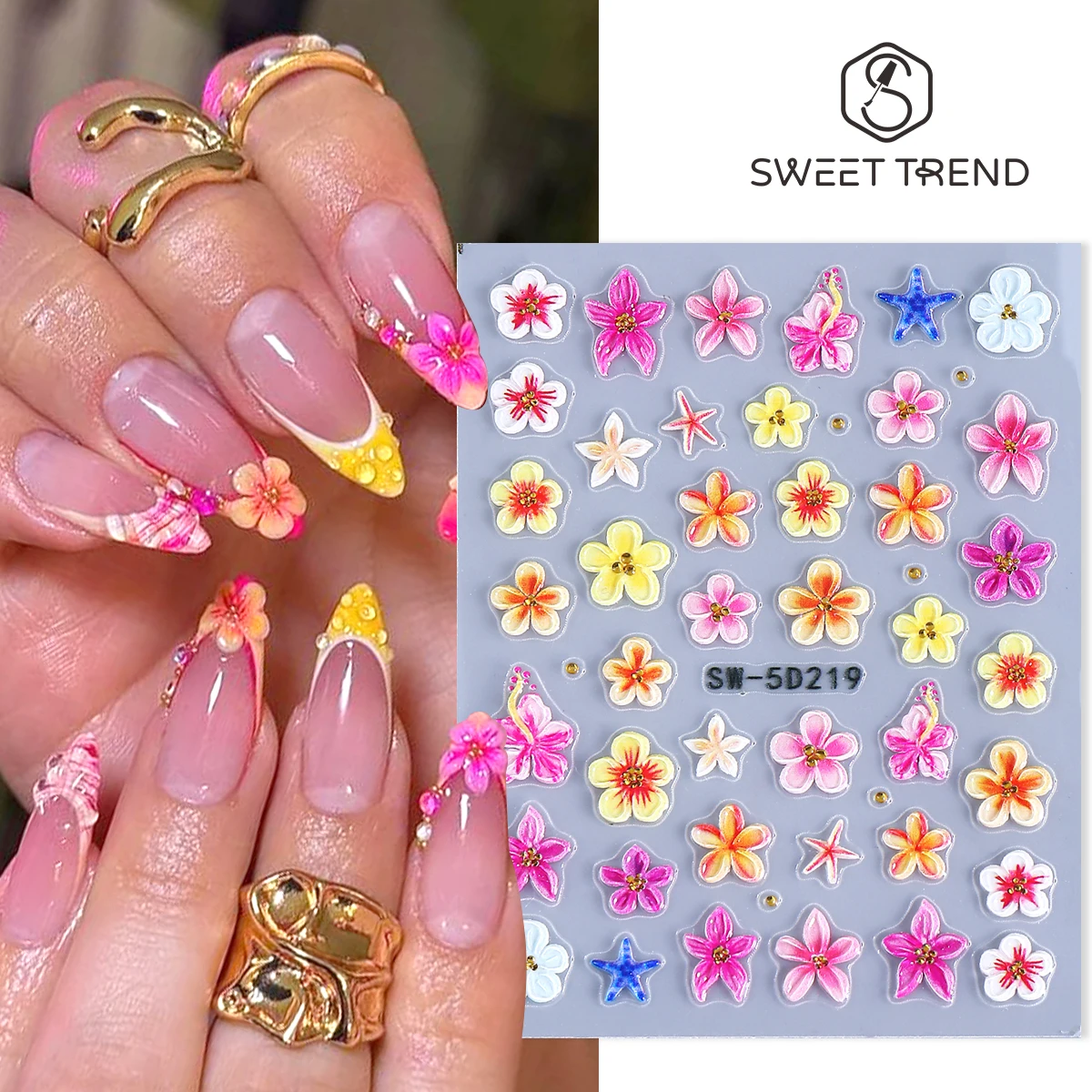 Adesivos 5D para Unhas com Flores de Verão, Hibisco Rosa, Frangipani, Estrela-do-mar Floral de Cinco Pétalas, Decalques DIY para Manicure Tropical