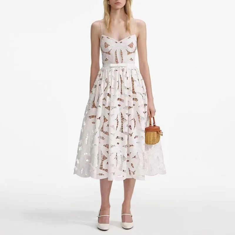 

French Sexy Suspender Skirt 2025 New Embroidery Sleeveless Backless Temperament High Waist Slim Dress Female Summer