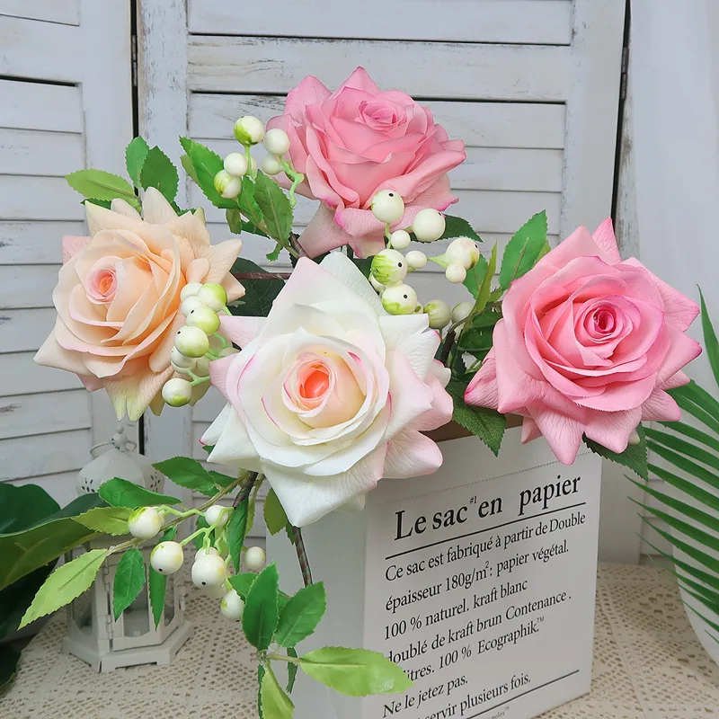 65cm 5pcs Real Touch Artificial Rose Single Stem, Moisturizing Faux Rose for Home Living Room Table Wedding Floral Arrangement
