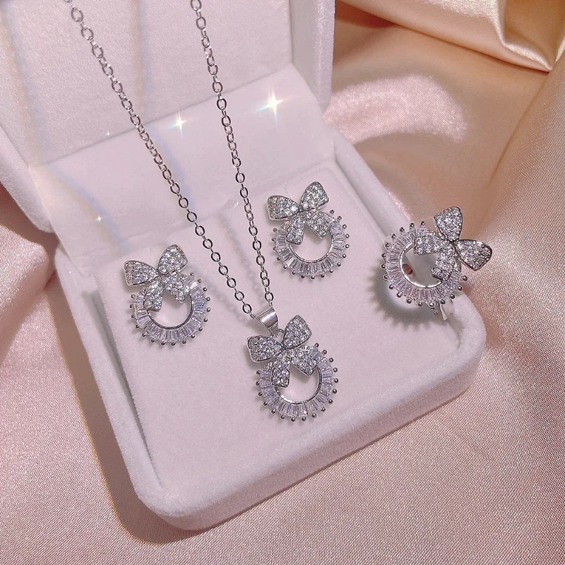 Romantic Round bowknot jewelry set Silver 925 with Full Diamond Round Fashion Charm Ring Earrings fine Necklace